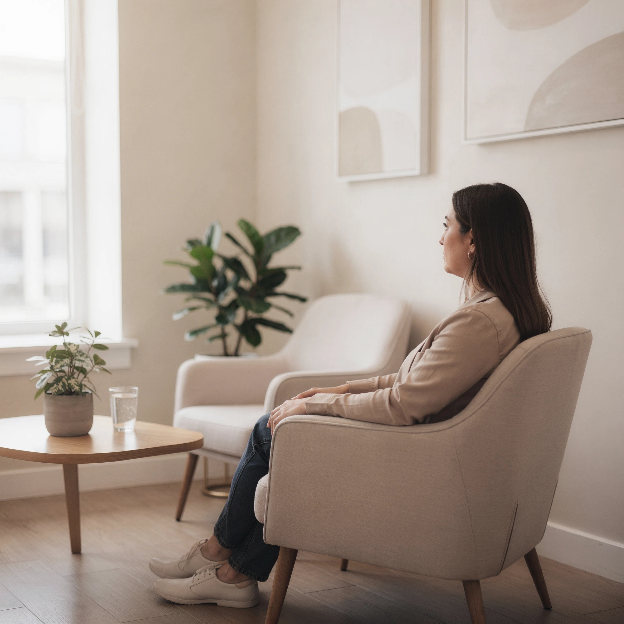 Woman sitting in a comfortable chair in a bright, modern psychiatric office with plants and natural light